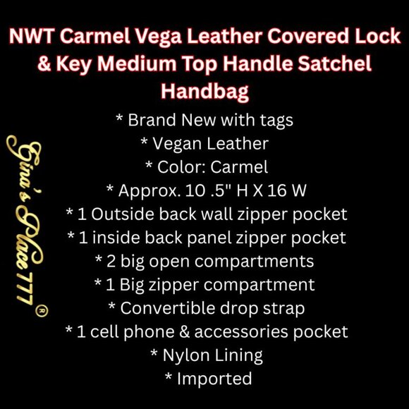 NWT Carmel Vegan Leather Covered Lock & Key Medium Top Handle Satchel Handbag - Picture 4 of 11